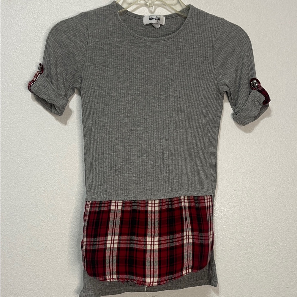 Speechless Gray Tee with Red Plaid Detail Size Small Free with  $15 Purchase